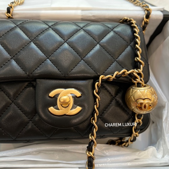 CHANEL Bags Nwt 22b Chanel Black Mini Square Pearl Crush Gold Ball